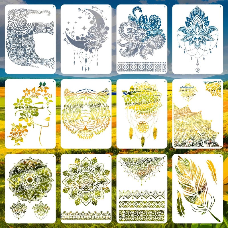 Resflyar 12 PCS Large Mandala Stencils Reusable Floral Moon Mandala Templates Vintage Flower Stencil for Painting on Floor Wood Wall Tile Fabric Furniture DIY Crafts Home Decor 8.3 x 11.7 Inch, A4 Size - Image 1